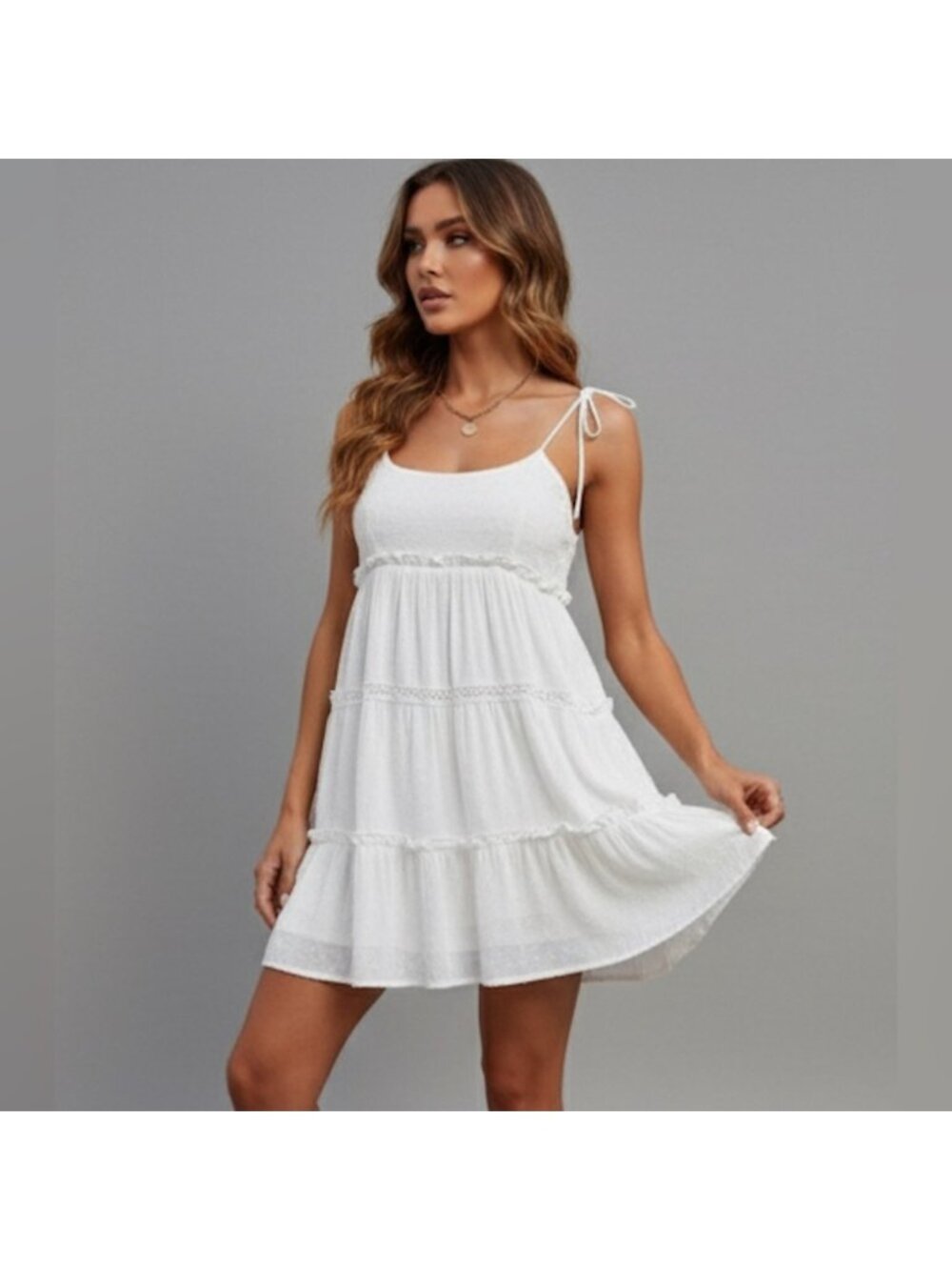 White Swiss Dot Frill Trim Cami Dress - Picture 4 of 6